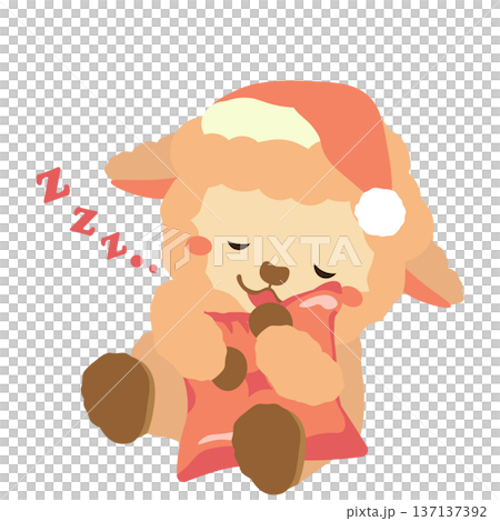 ピンク色のヒツジのぬいぐるみがクッションを抱いて眠るイラスト ピンク色のヒツジのぬいぐるみがクッションを抱いて眠るイラスト 137137392
