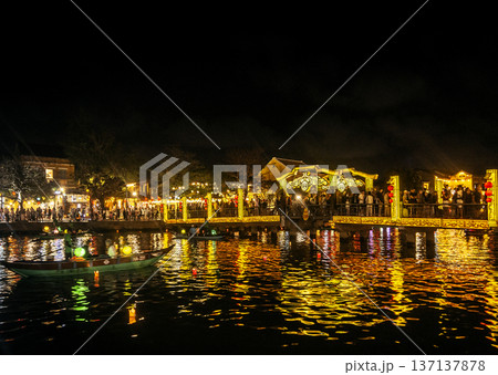 hoi an old town riverside view with lantern river boats in vietnam at night 137137878