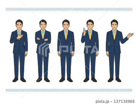 信頼感のある中年ビジネスマンの説明ポーズセット（指差し・案内・誠実）全身イラスト 137138968