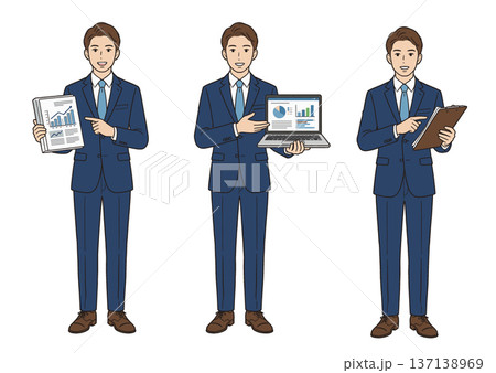 資料を説明する若手ビジネスマンのポーズセット（グラフ・ノートパソコン・タブレット）全身イラスト 137138969