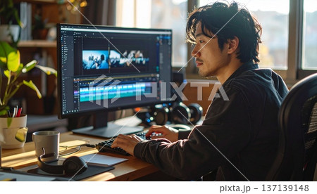 デュアルモニターを使い動画編集に集中する男性クリエイター 137139148