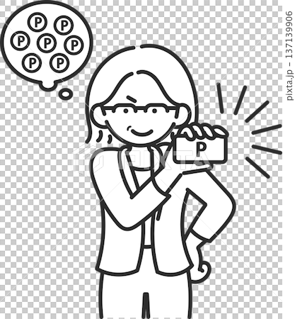 Illustration of a woman in her 40s posing with a point card (line drawing only) Illustration of a woman in her 40s posing with a point card (line drawing only) 137139906