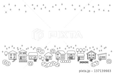 梅雨の雨と紫陽花のある町並みフレーム背景素材_線画 137139983