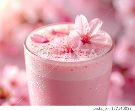 桜の花を浮かべたふわふわの泡が心地よいいちごラテ 137140058