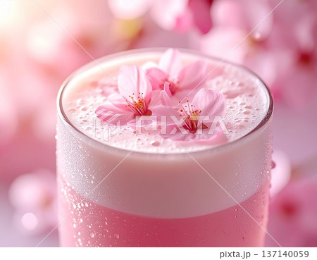 桜の花を浮かべたふわふわの泡が心地よいいちごラテ 137140059