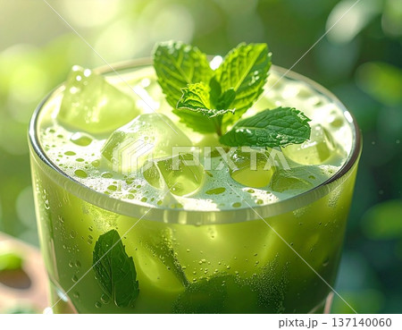 ミントを添えた清涼感あふれるアイス抹茶ソイラテの接写 137140060