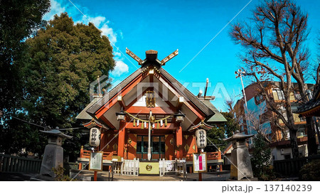 青空に映える徳持神社の社殿(東京都大田) 137140239