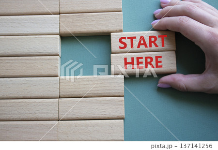 Start here symbol. Wooden blocks with words Start here Beautiful grey green background. Businessman hand. Business and Start here concept. Copy space. 137141256
