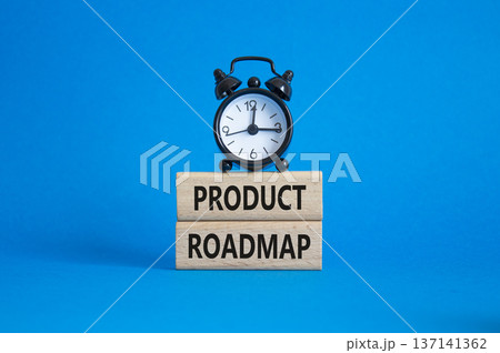 Product Roadmap symbol. Concept word Product Roadmap on wooden blocks. Beautiful blue background with alarm clock. Business and Product Roadmap concept. Copy space 137141362