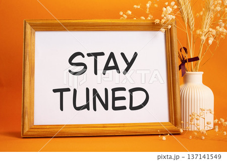 Stay Tuned symbol. Concept words Stay Tuned on beautiful wooden picture frame. Beautiful orange background with flower vase. Business and Stay Tuned concept. Copy space. Stay Tuned symbol. Concept words Stay Tuned on beautiful wooden picture frame. Beautiful orange background with flower vase. Business and Stay Tuned concept. Copy space. 137141549