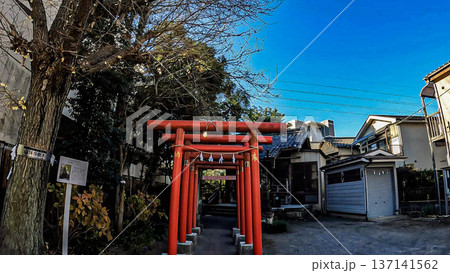 青空の下赤い鳥居の連なりと元宿堰稲荷神社 137141562