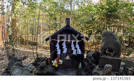 足立区、元宿堰稲荷神社の小さな祠と注連縄 137141565