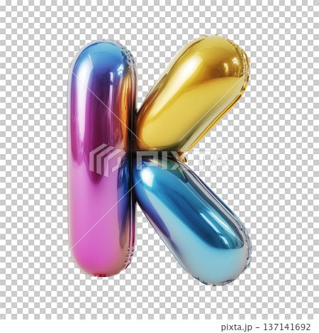 Multicolor metallic inflated balloon letter K shown in glossy style isolated on white background, celebration and festive concept Multicolor metallic inflated balloon letter K shown in glossy style isolated on white background, celebration and festive concept 137141692