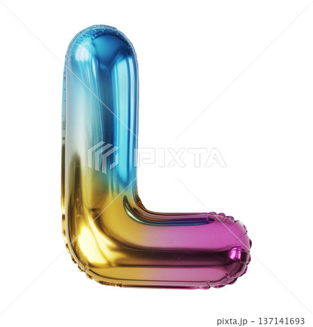 Multicolor metallic inflated balloon letter L shown in glossy style isolated on white background, celebration and festive concept Multicolor metallic inflated balloon letter L shown in glossy style isolated on white background, celebration and festive concept 137141693