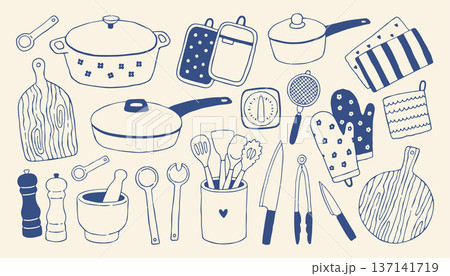 Hand drawn cooking utensils and kitchen tools in minimalist blue outline style. Home cooking vector set with pots, pans, knives and accessories for recipe design and culinary branding Hand drawn cooking utensils and kitchen tools in minimalist blue outline style. Home cooking vector set with pots, pans, knives and accessories for recipe design and culinary branding 137141719