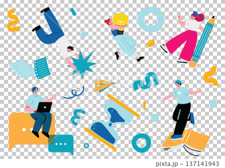 Pop and cute student male and female illustration set Pop and cute student male and female illustration set 137141943