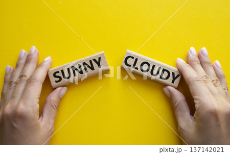 Sunny or Cloudy symbol. Concept word Sunny or Cloudy on wooden blocks. Businessman hand. Beautiful yellow background. Business and Sunny or Cloudy concept. Copy space Sunny or Cloudy symbol. Concept word Sunny or Cloudy on wooden blocks. Businessman hand. Beautiful yellow background. Business and Sunny or Cloudy concept. Copy space 137142021