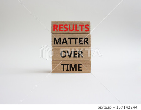 RESULTS symbol. Wooden blocks with words RESULTS MATTER OVER TIME. Beautiful white background. Business and RESULTS concept. Copy space 137142244