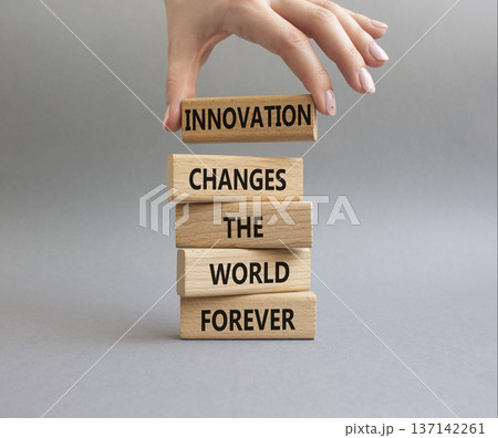 Innovation symbol. Wooden blocks with words Innovation changes the world forever. Businessman hand. Beautiful grey background. Business and Innovation concept. Copy space Innovation symbol. Wooden blocks with words Innovation changes the world forever. Businessman hand. Beautiful grey background. Business and Innovation concept. Copy space 137142261