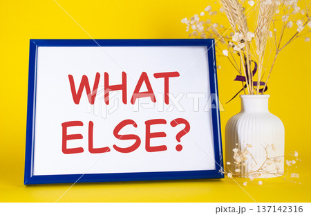 What else symbol. Concept words What else on beautiful wooden picture frame. Beautiful yellow background with flower vase. Business and What else concept. Copy space. What else symbol. Concept words What else on beautiful wooden picture frame. Beautiful yellow background with flower vase. Business and What else concept. Copy space. 137142316