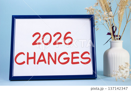 2026 Changes symbol. Concept words 2026 Changes on beautiful wooden picture frame. Beautiful light blue background with flower vase. Business and 2026 Changes concept. Copy space. 2026 Changes symbol. Concept words 2026 Changes on beautiful wooden picture frame. Beautiful light blue background with flower vase. Business and 2026 Changes concept. Copy space. 137142347