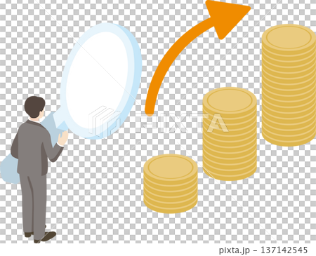 Businessman analyzing investment and asset management. Isometric illustration of piled coins and a large magnifying glass Businessman analyzing investment and asset management. Isometric illustration of piled coins and a large magnifying glass 137142545