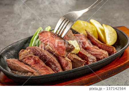鉄板皿で提供される国産牛のステーキ 鉄板皿で提供される国産牛のステーキ 137142564