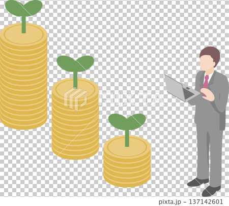 長期投資・新NISA、資産を育てるビジネスマンのアイソメトリックイラスト。コインから出る芽。 長期投資・新NISA、資産を育てるビジネスマンのアイソメトリックイラスト。コインから出る芽。 137142601