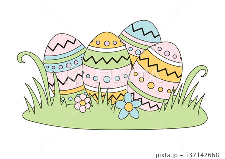 Decorated pastel Easter eggs hidden in green spring grass and flowers 137142668