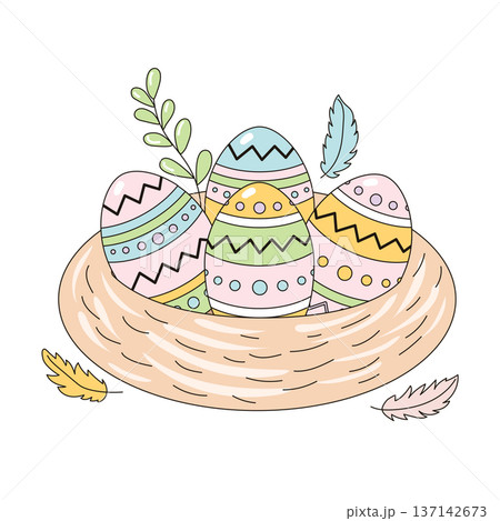 Decorated pastel Easter eggs in a cozy nest with feathers 137142673