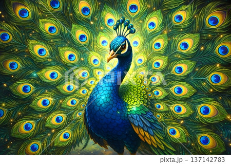 羽を広げた孔雀 137142783