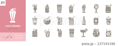 Cafe Drinks Icons Set. Glyph Filled Stroke vector collection of Summer Drinks like coffee, tea, lemonade, smoothie and cocktails for UI, web, app, cafe menu design Cafe Drinks Icons Set. Glyph Filled Stroke vector collection of Summer Drinks like coffee, tea, lemonade, smoothie and cocktails for UI, web, app, cafe menu design 137143190