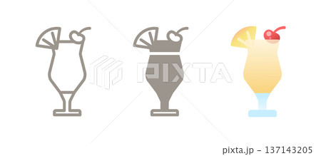 Pina colada cocktail icon. Line, glyph and filled outline colorful version with pineapple slice, coconut and cherry in glass. Tropical rum drink symbol, logo illustration. Classic summer beverage. 137143205