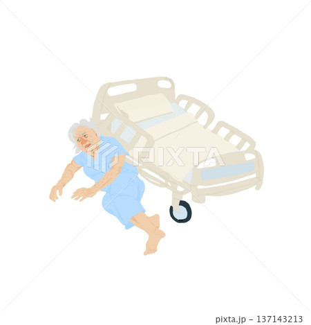 ベッドから転落した高齢認知症患者のイラスト|病院ベッド・転倒転落事故・リスク管理 ベッドから転落した高齢認知症患者のイラスト|病院ベッド・転倒転落事故・リスク管理 137143213