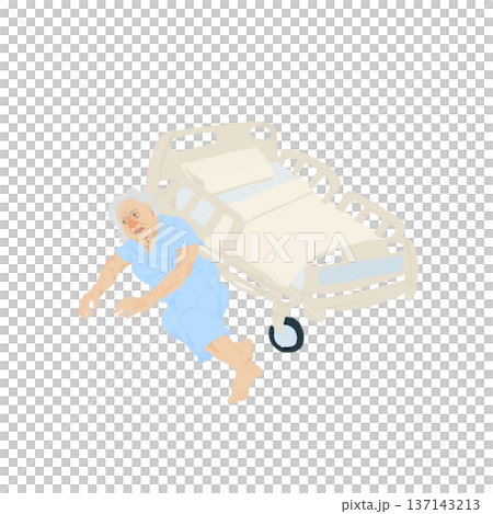 ベッドから転落した高齢認知症患者のイラスト|病院ベッド・転倒転落事故・リスク管理 ベッドから転落した高齢認知症患者のイラスト|病院ベッド・転倒転落事故・リスク管理 137143213