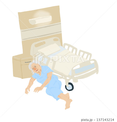 ベッドから転落した高齢認知症患者のイラスト｜病院ベッド・転倒転落事故・リスク管理 137143214
