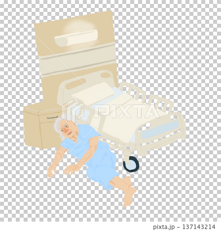 ベッドから転落した高齢認知症患者のイラスト｜病院ベッド・転倒転落事故・リスク管理 137143214