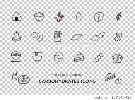 炭水化物を多く含む食品のアイコンセット（モノクロ） 137143459