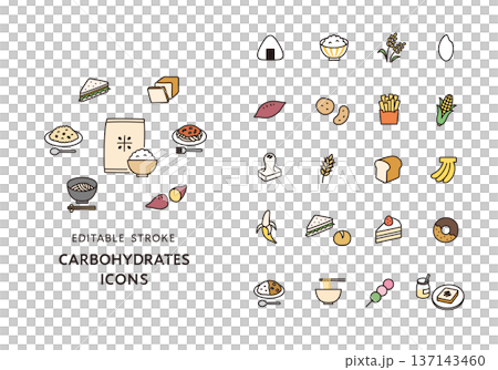 Icon set of foods high in carbohydrates (color) 137143460