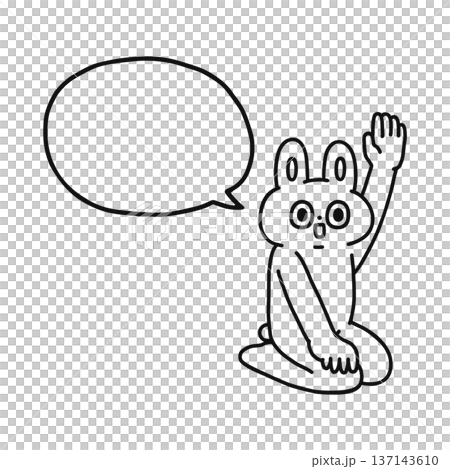 A funny rabbit sitting upright and raising his hand with a speech bubble - line drawing 137143610