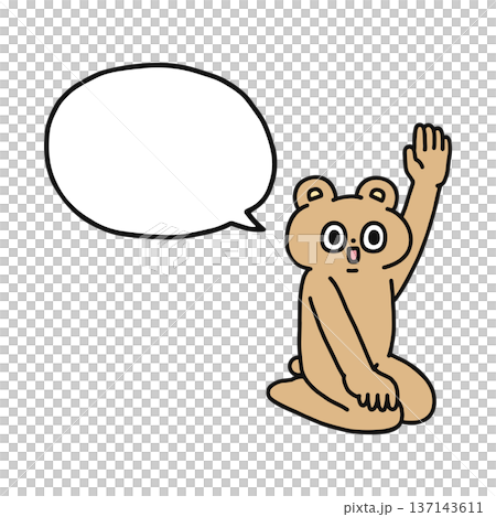 一隻滑稽的熊端坐著，舉起一隻手，手上冒出一個對話框。 137143611