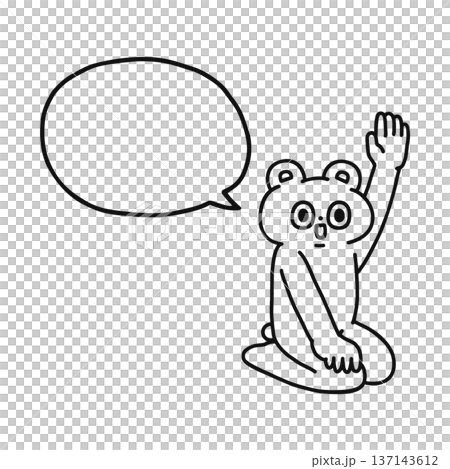一隻滑稽的熊端坐著，舉起一隻手，手上有一個對話框——線條畫 137143612