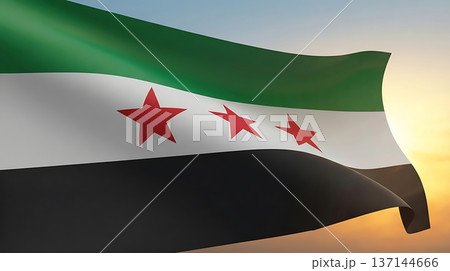 Syrian flag waving at golden sunset 137144666