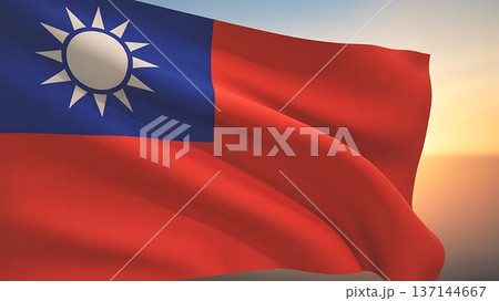 Taiwan flag shines bright in breeze while sunset light fills the sky 137144667