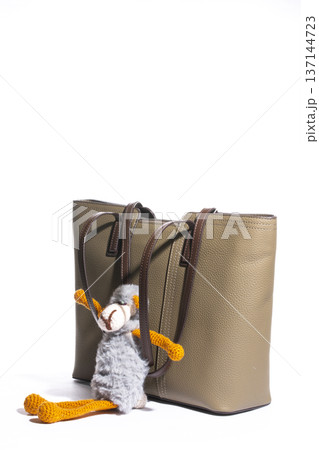 Women's beige leather bag with a toy on a white background 137144723