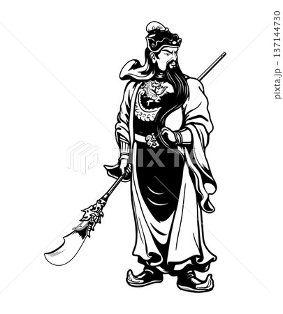 line art illustration of Guan Yu, the legendary Chinese general and God of War from the Three Kingdoms era, powerful warrior holding his Green Dragon Crescent Blade on white background 137144730