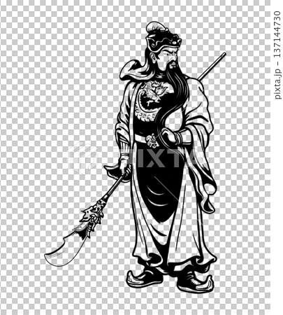 line art illustration of Guan Yu, the legendary Chinese general and God of War from the Three Kingdoms era, powerful warrior holding his Green Dragon Crescent Blade on white background 137144730