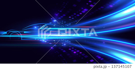 Futuristic neon car silhouette with speed light trails technology background. 137145107