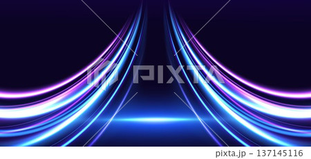 Elegant glowing purple and blue curved rays on dark purple background. 137145116