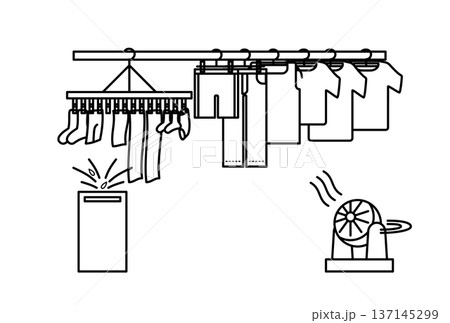 洗濯物を部屋干しをしている光景のシンプルなイラスト 137145299